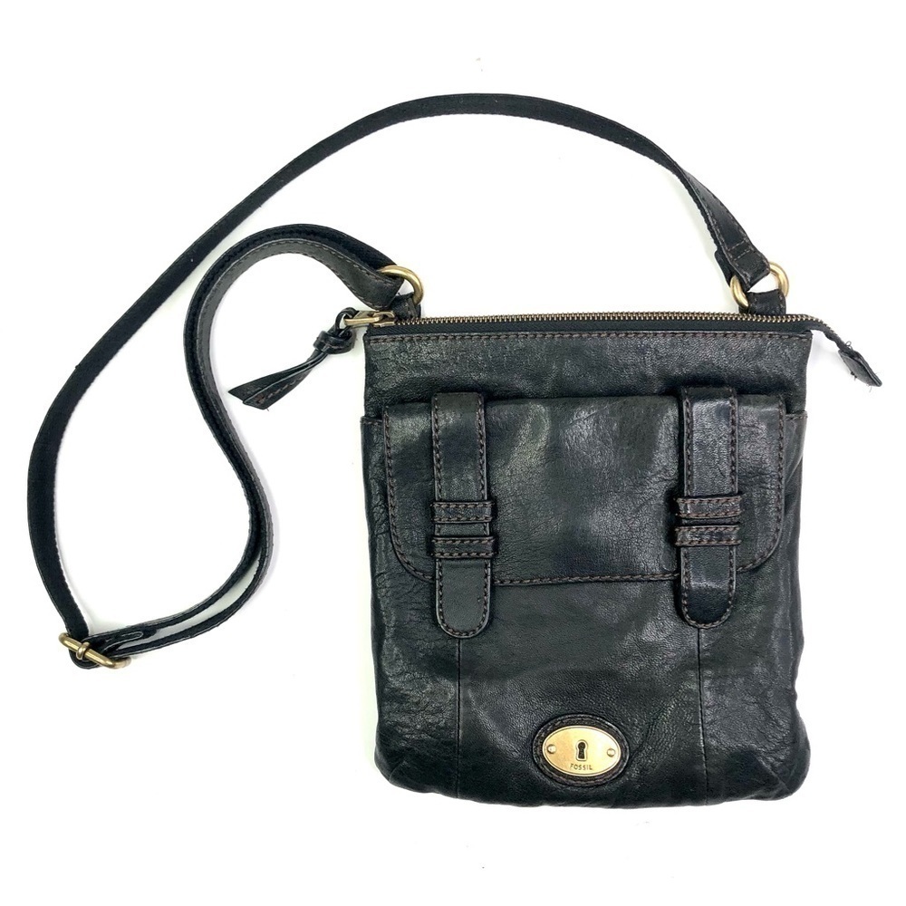 Fossil Dark Leather Crossbody Bag with Gold Accents